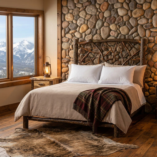 Mount Eolus Hickory Log Twig Headboard against a river rock wall with a snowy mountain window view and a cowhide rug