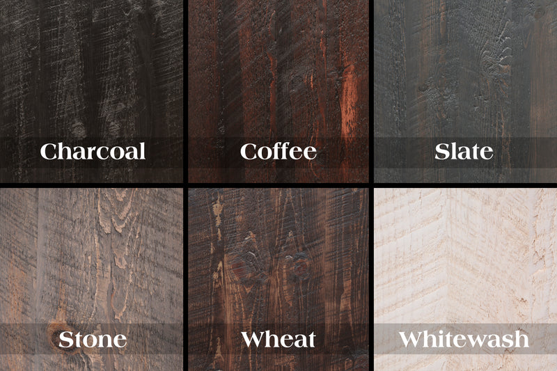 Six stain color options for the Mount Epaulet Pine Futon: Charcoal, Coffee, Slate, Stone, Wheat, and Whitewash
