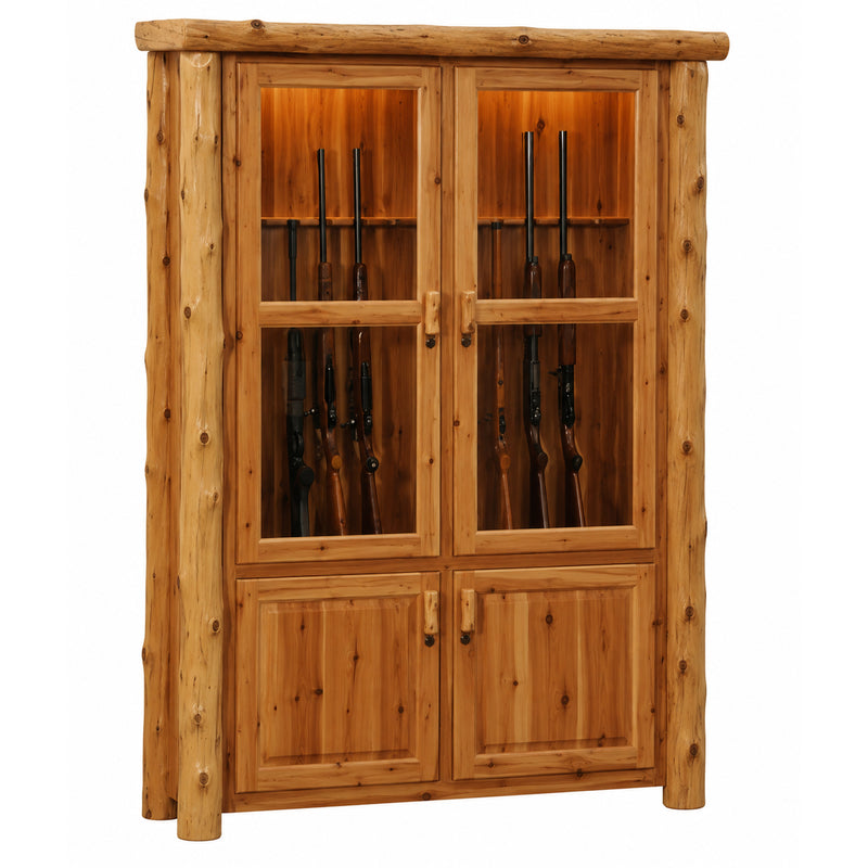 Angled view of the Mount Ethel Cedar Log Twelve Gun Cabinet
