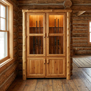 Mount Ethel Cedar Log Twelve Gun Cabinet staged in a sunlit log cabin den