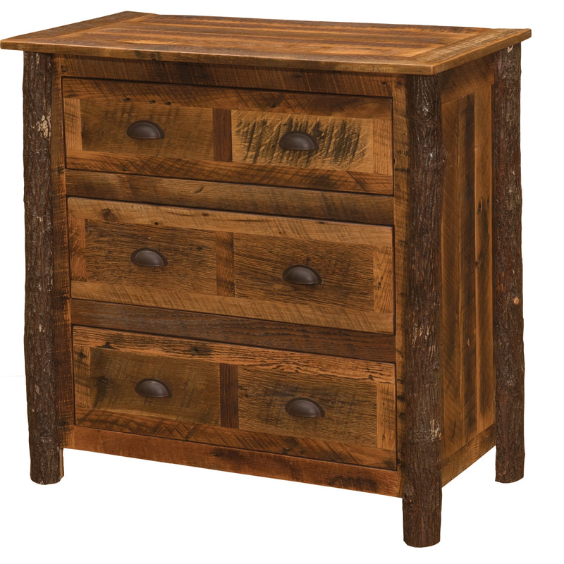 Angled view of the Mount Eva Barnwood and Hickory Chest of Drawers showing three barnwood drawers and hickory log accents