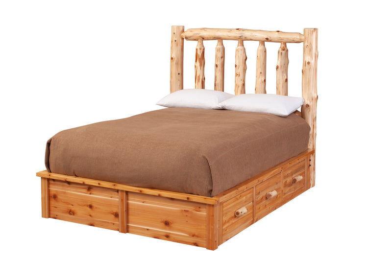 Angled view of the Mount Falcon Cedar Log Platform Bed Underbed Dresser shown under a platform bed