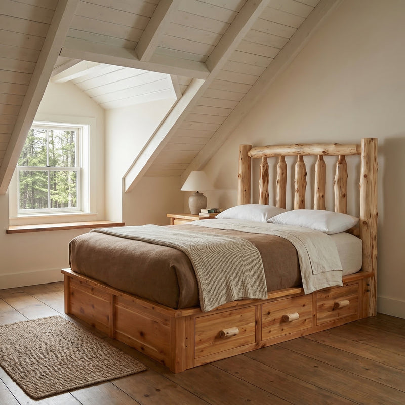 Mount Falcon Cedar Log Platform Bed Underbed Dresser under a cedar platform bed in a cabin bedroom