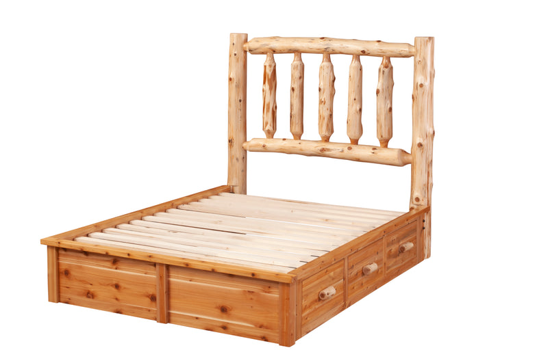 Mount Falcon Cedar Log Platform Bed Underbed Dresser under a platform bed frame without mattress