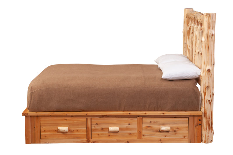 Side view of the Mount Falcon Cedar Log Platform Bed Underbed Dresser under a platform bed