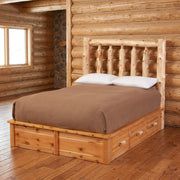 Mount Falcon Cedar Log Platform Bed Underbed Dresser staged in a sunlit log cabin bedroom