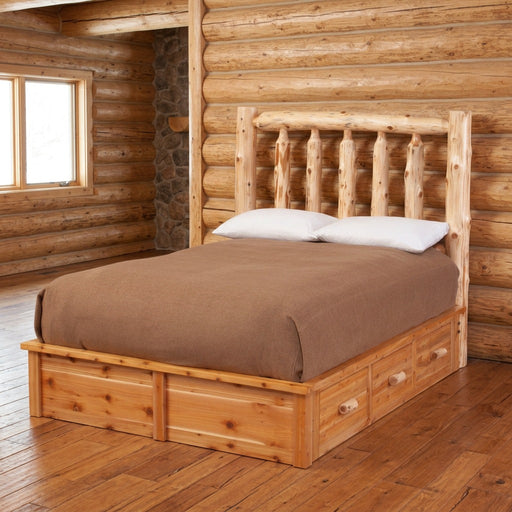 Mount Falcon Cedar Log Platform Bed Underbed Dresser staged in a sunlit log cabin bedroom