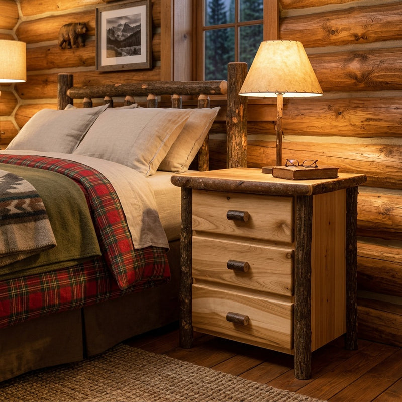 Mount Flora Hickory Log Three Drawer Nightstand with a lamp beside a log bed in a cozy cabin bedroom