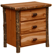Mount Flora Hickory Log Three Drawer Nightstand in the Cinnamon finish with a warm reddish-amber case
