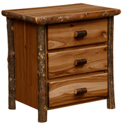 Mount Flora Hickory Log Three Drawer Nightstand in the Cognac finish with a soft medium brown case