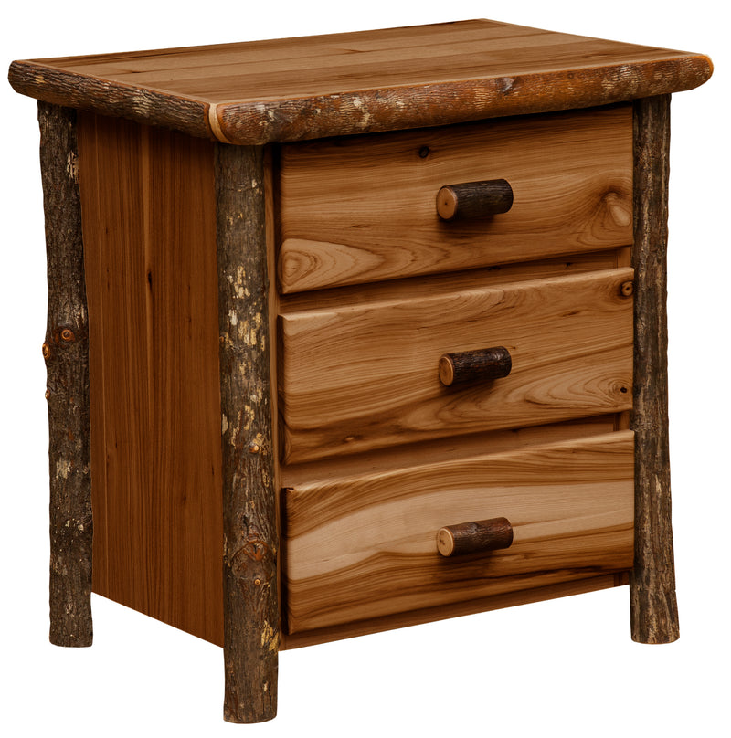 Mount Flora Hickory Log Three Drawer Nightstand in the Cognac finish with a soft medium brown case