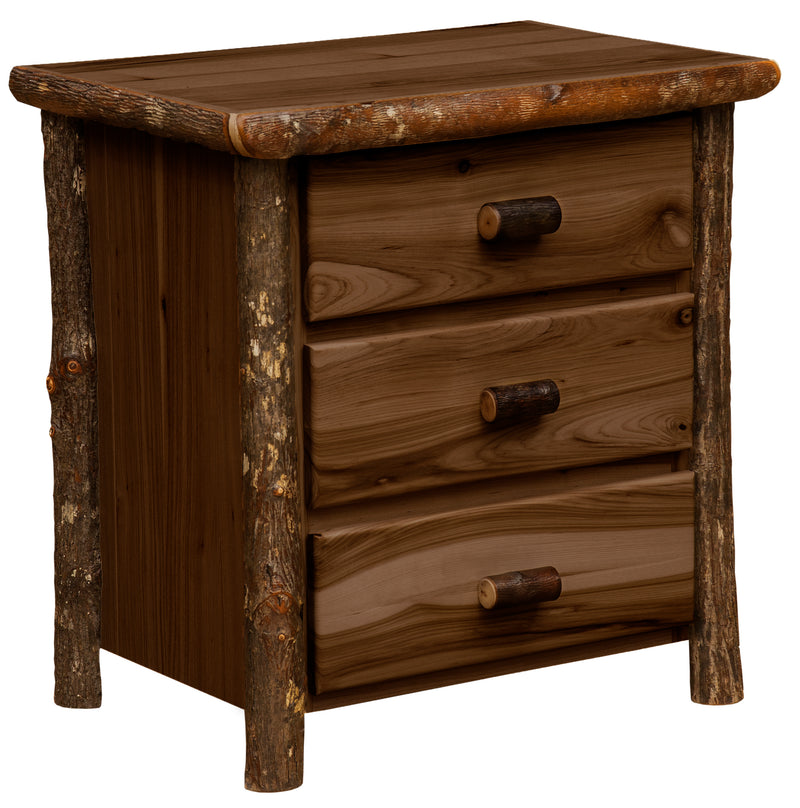 Mount Flora Hickory Log Three Drawer Nightstand in the Espresso finish with a deep brown case
