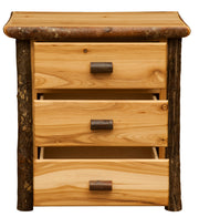 Front view of the Mount Flora Hickory Log Three Drawer Nightstand in Natural with drawers pulled out
