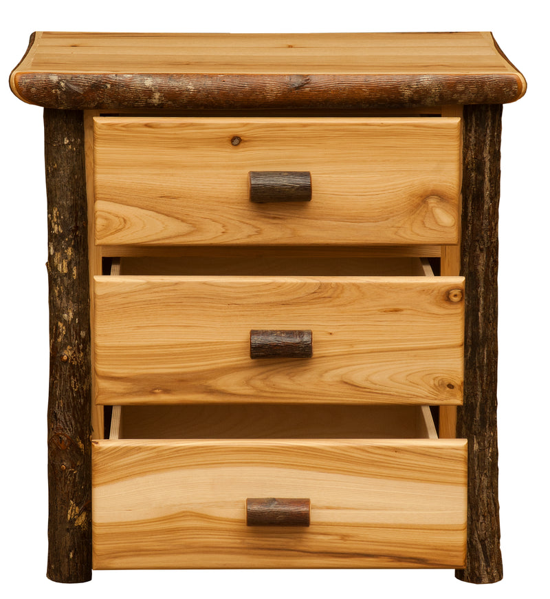 Front view of the Mount Flora Hickory Log Three Drawer Nightstand in Natural with drawers pulled out