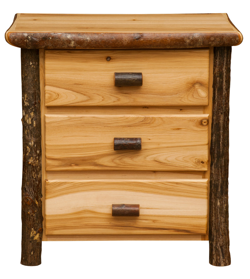 Front view of the Mount Flora Hickory Log Three Drawer Nightstand in Natural with three full-width drawers