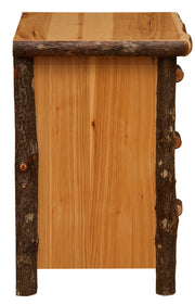 Side view of the Mount Flora Hickory Log Three Drawer Nightstand in Natural showing the hickory side panel