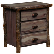 Mount Flora Hickory Log Three Drawer Nightstand in the Slate finish with a weathered gray-brown case