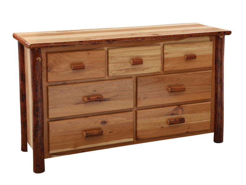 Angled view of the Mount Garfield Hickory Log Dresser in Natural showing seven drawers and bark-on log posts