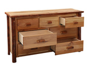 Angled view of the Mount Garfield Hickory Log Dresser with drawers open to show the cedar-bottom drawer boxes