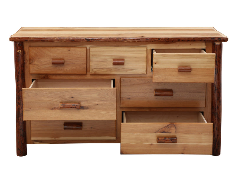 Front view of the Mount Garfield Hickory Log Dresser with drawers pulled out on soft-close glides