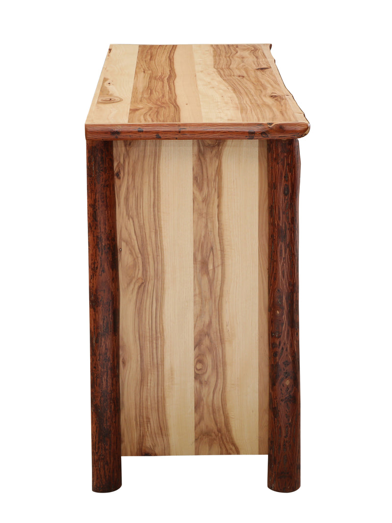 Side view of the Mount Garfield Hickory Log Dresser showing the hickory side panel and bark-on posts