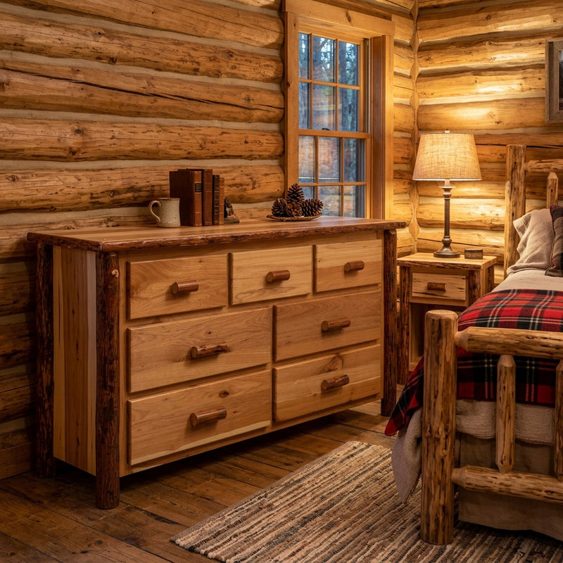 Mount Garfield Hickory Log Dresser beside a log bed with a plaid blanket in a lamp-lit cabin bedroom