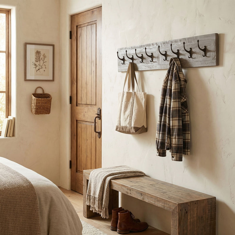 Mount George Pine Wall Coat Rack above a bench in a cabin bedroom