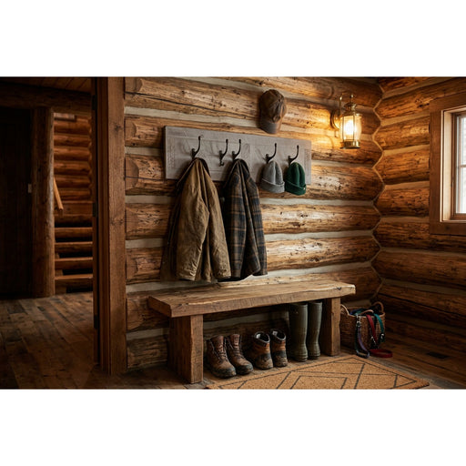 Mount George Pine Wall Coat Rack staged on a log wall in a rustic cabin mudroom entryway