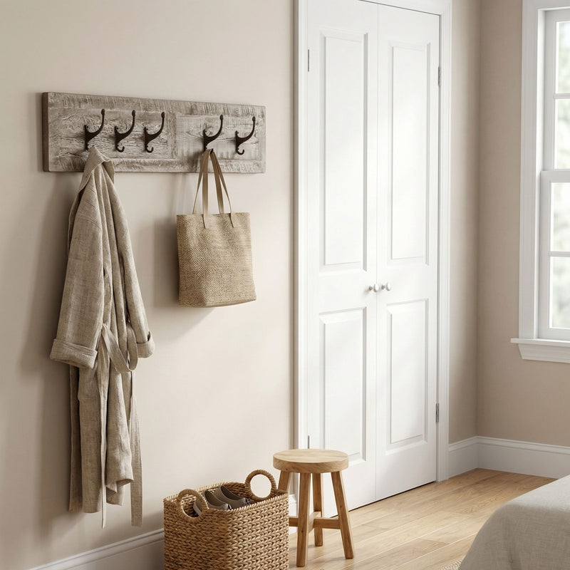Mount George Pine Wall Coat Rack in a bright mudroom