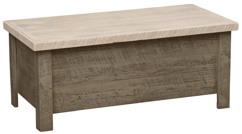 Angled view of the Mount Goliath Pine Blanket Chest with a light top