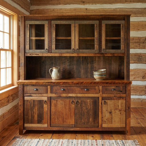 Mount Guero Reclaimed Barnwood Long Buffet and Hutch staged in a sunlit log cabin dining room