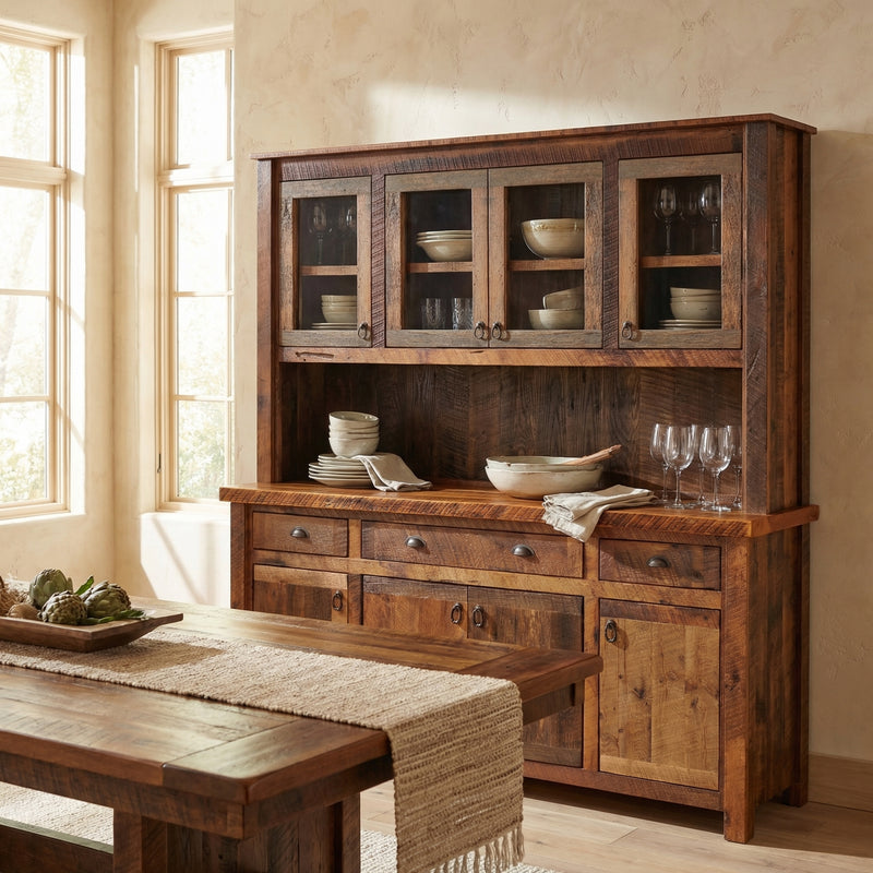 Mount Guero Reclaimed Barnwood Long Buffet and Hutch with an Artisan Top in a bright dining room