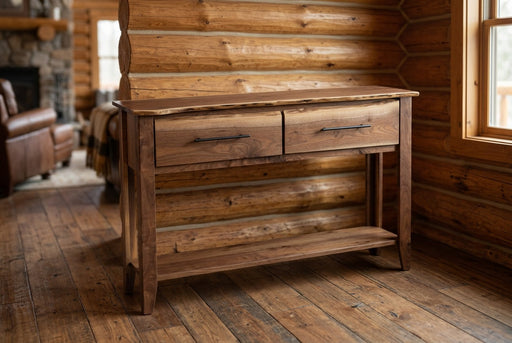 Mount Gunnison Live Edge Walnut Sofa Table staged in a sunlit log cabin living room