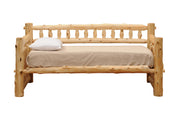 Front view of the Mount Guyot Cedar Log Daybed without trundle on a white background with a tan mattress and white pillow