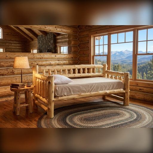 Mount Guyot Cedar Log Daybed in a log cabin den with mountain view windows, a braided rug, and a lamp side table