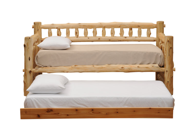 Front view of the Mount Guyot Cedar Log Daybed with roll-out trundle extended beneath the main mattress