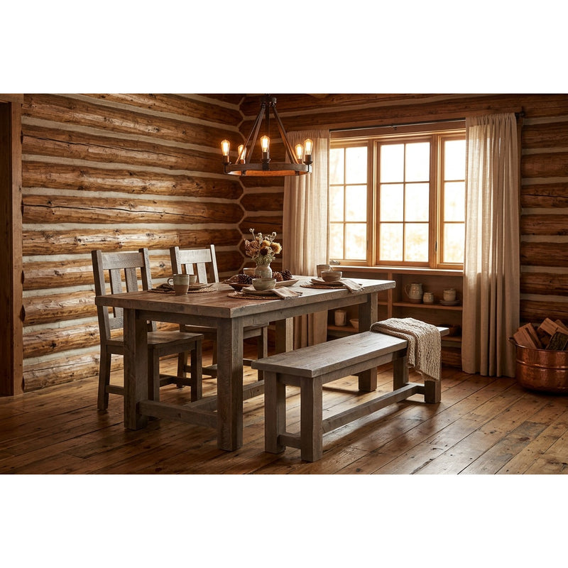 Mount Hagar Pine Bench staged beside a dining table in a rustic log cabin dining room
