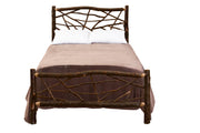 Front view of the Mount Harvard Hickory Log Twig Bed showing the woven hickory twig footboard and tall headboard