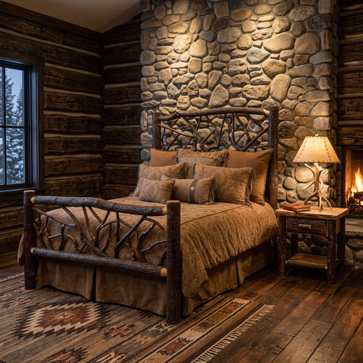 Mount Harvard Hickory Log Twig Bed staged against a stone fireplace wall in a dark log cabin bedroom with a woven rug