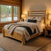 Mount Herard Cedar Log Horizontal Rail Bed with Rail System with layered bedding in a cozy bedroom