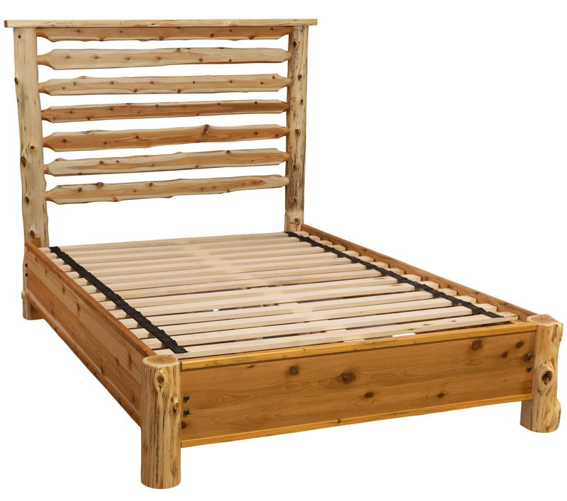 Second angled view of the Mount Herard Cedar Log Horizontal Rail Bed with Rail System showing the rail system and slats