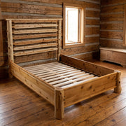 Mount Herard Cedar Log Horizontal Rail Bed with Rail System staged in a sunlit log cabin bedroom