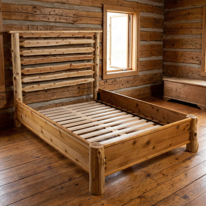 Mount Herard Cedar Log Horizontal Rail Bed with Rail System staged in a sunlit log cabin bedroom