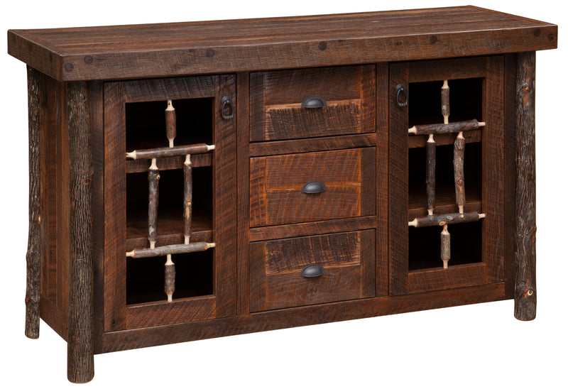 Angled view of the Mount Herman Barnwood and Hickory Windowpane Sideboard showing the windowpane doors