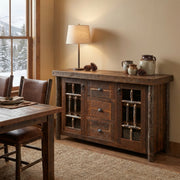 Mount Herman Barnwood and Hickory Windowpane Sideboard in a bright cabin dining room