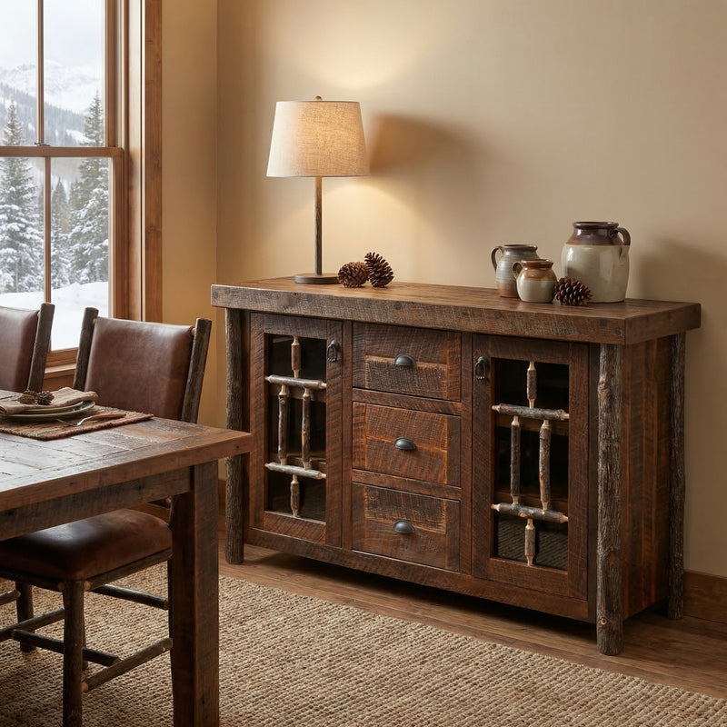 Mount Herman Barnwood and Hickory Windowpane Sideboard in a bright cabin dining room