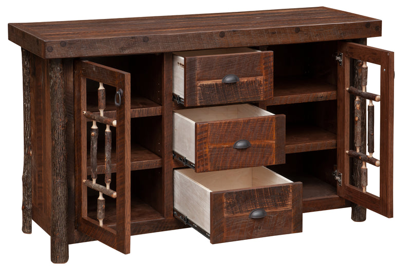 Third view of the Mount Herman Barnwood and Hickory Windowpane Sideboard