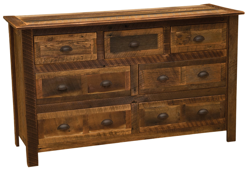 Angled view of the Mount Hope Reclaimed Barnwood Dresser showing seven drawers in weathered reclaimed oak