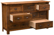 Angled view of the Mount Hope Reclaimed Barnwood Dresser with three drawers open to show the cedar-bottom drawer boxes