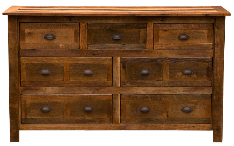 Front view of the Mount Hope Reclaimed Barnwood Dresser with three top drawers over four wide drawers
